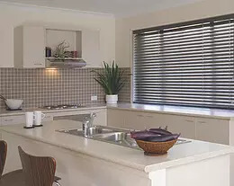 Security Screens QLD Window Coverings Blinds, Shutters & Curtains - Timber Venetian Blinds Dark Kitchen