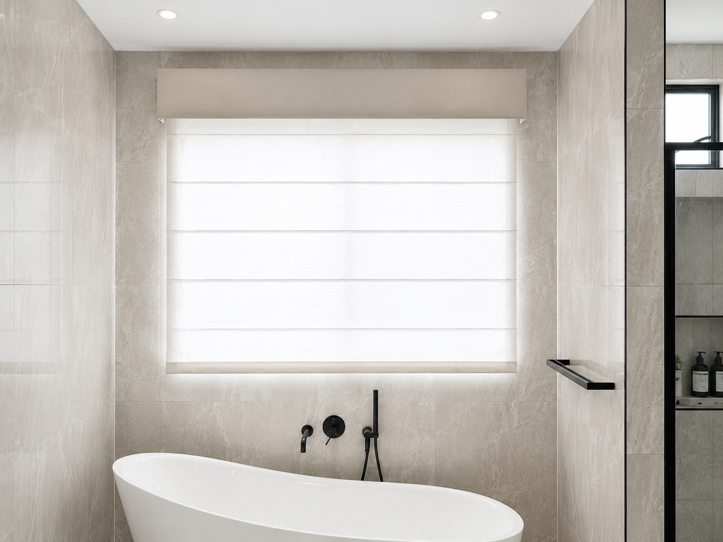 Security Screens Qld - Blinds Brisbane - Bathroom Roman Blind with Pelmet White Hills