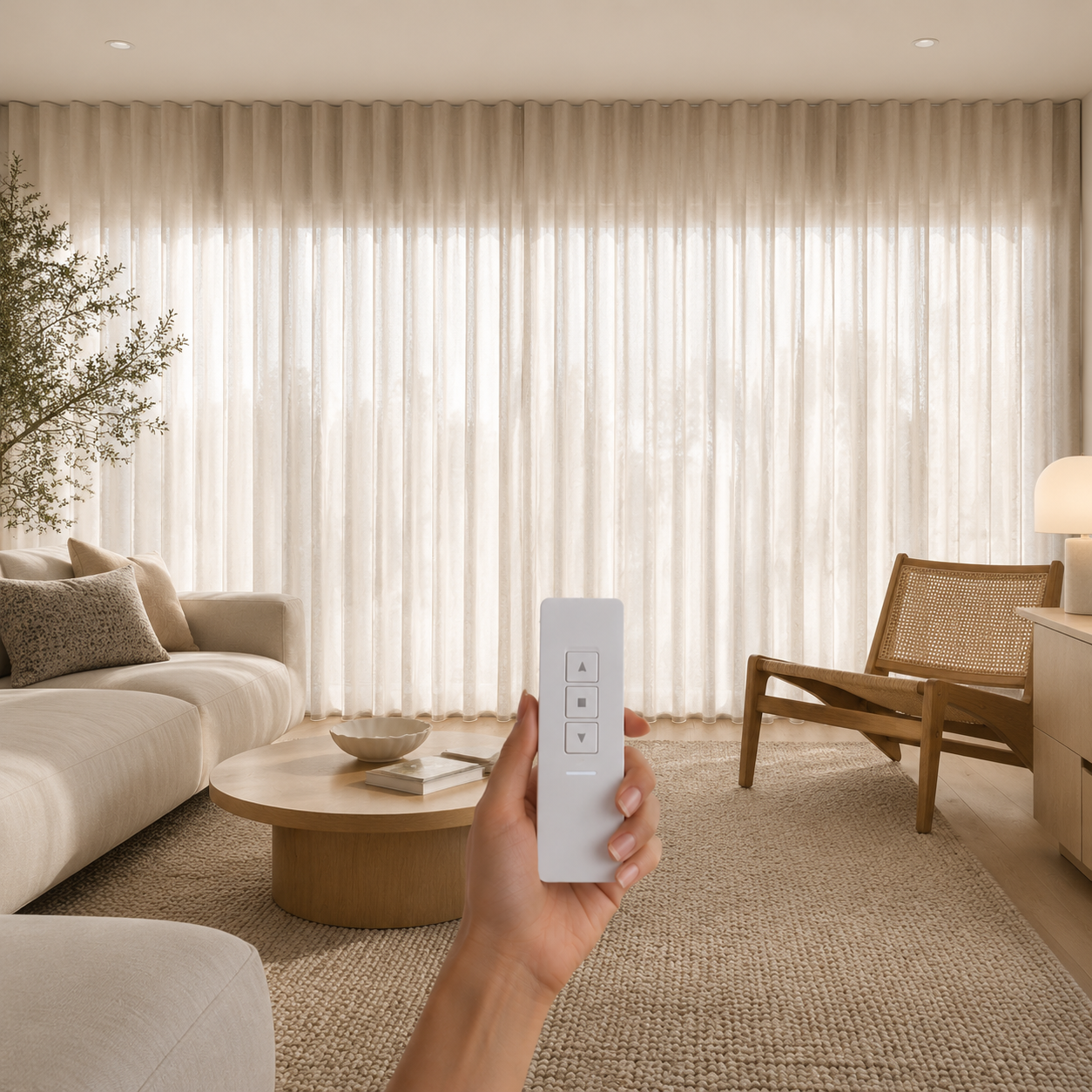 Automated blockout linen curtains controlled by remote, installed by Security Screens Qld Brisbane
