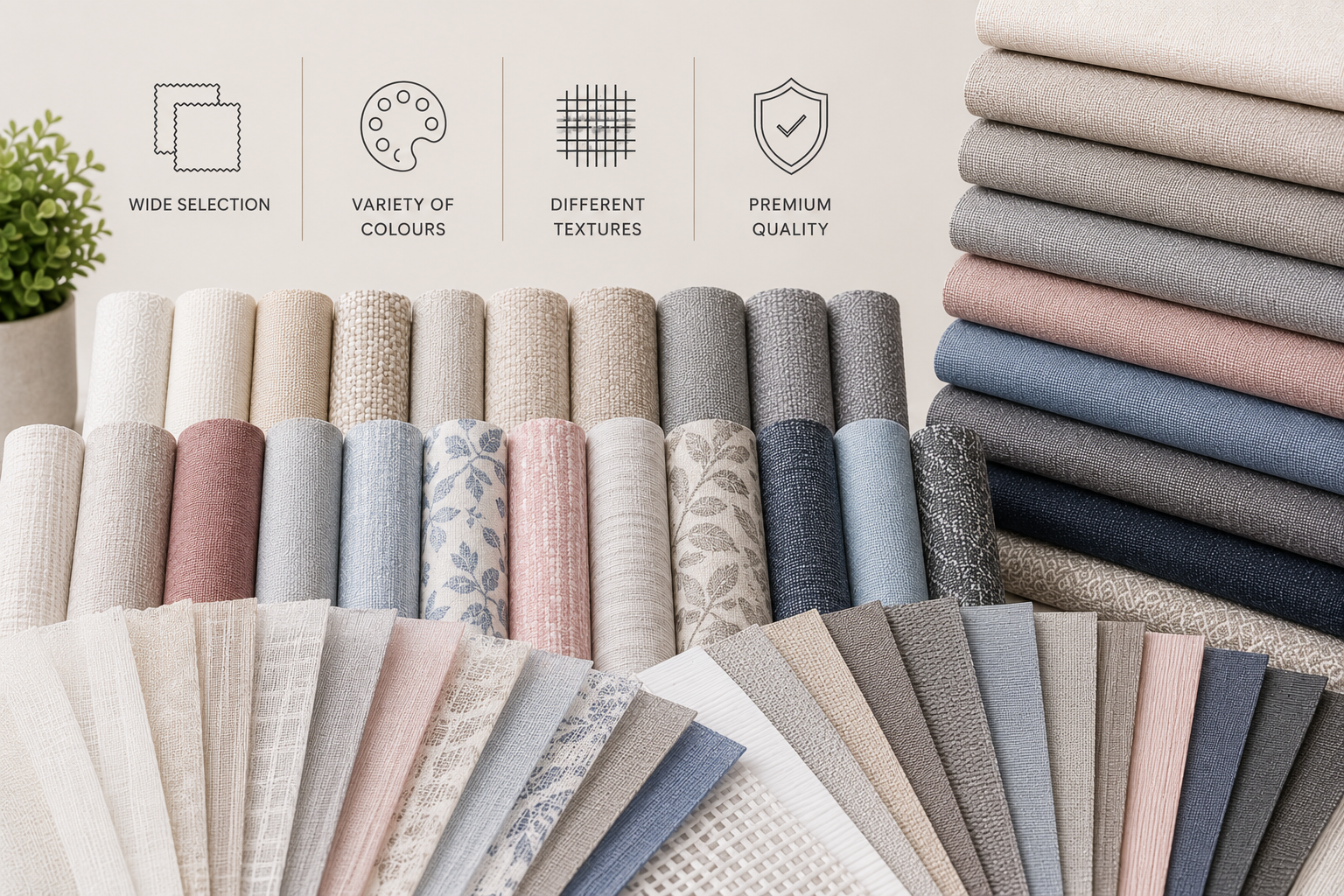 Premium blind fabric collection featuring sheer, textured, patterned and blockout fabrics in neutral, blue and blush tones for custom window blinds.