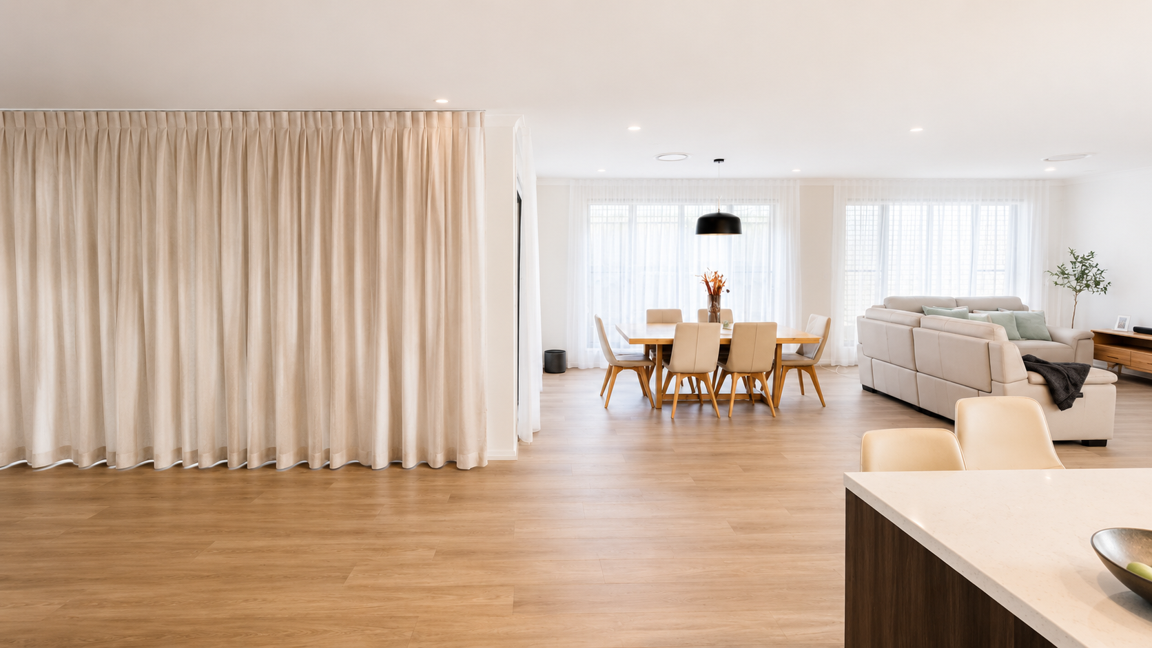 Custom blockout curtains Brisbane open plan living — Security Screens Qld