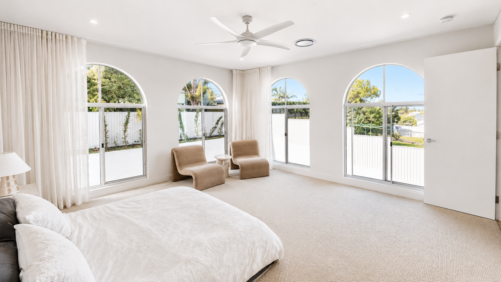 Custom curtains Brisbane arched bedroom windows — Security Screens Qld