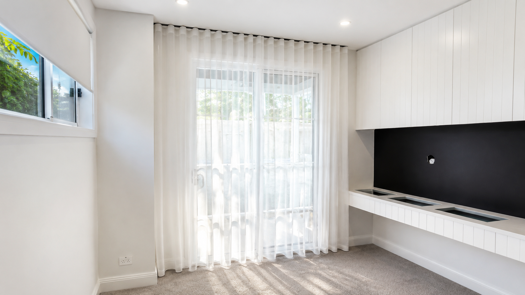 Custom sheer S-fold track curtains Brisbane bedroom — Security Screens Qld