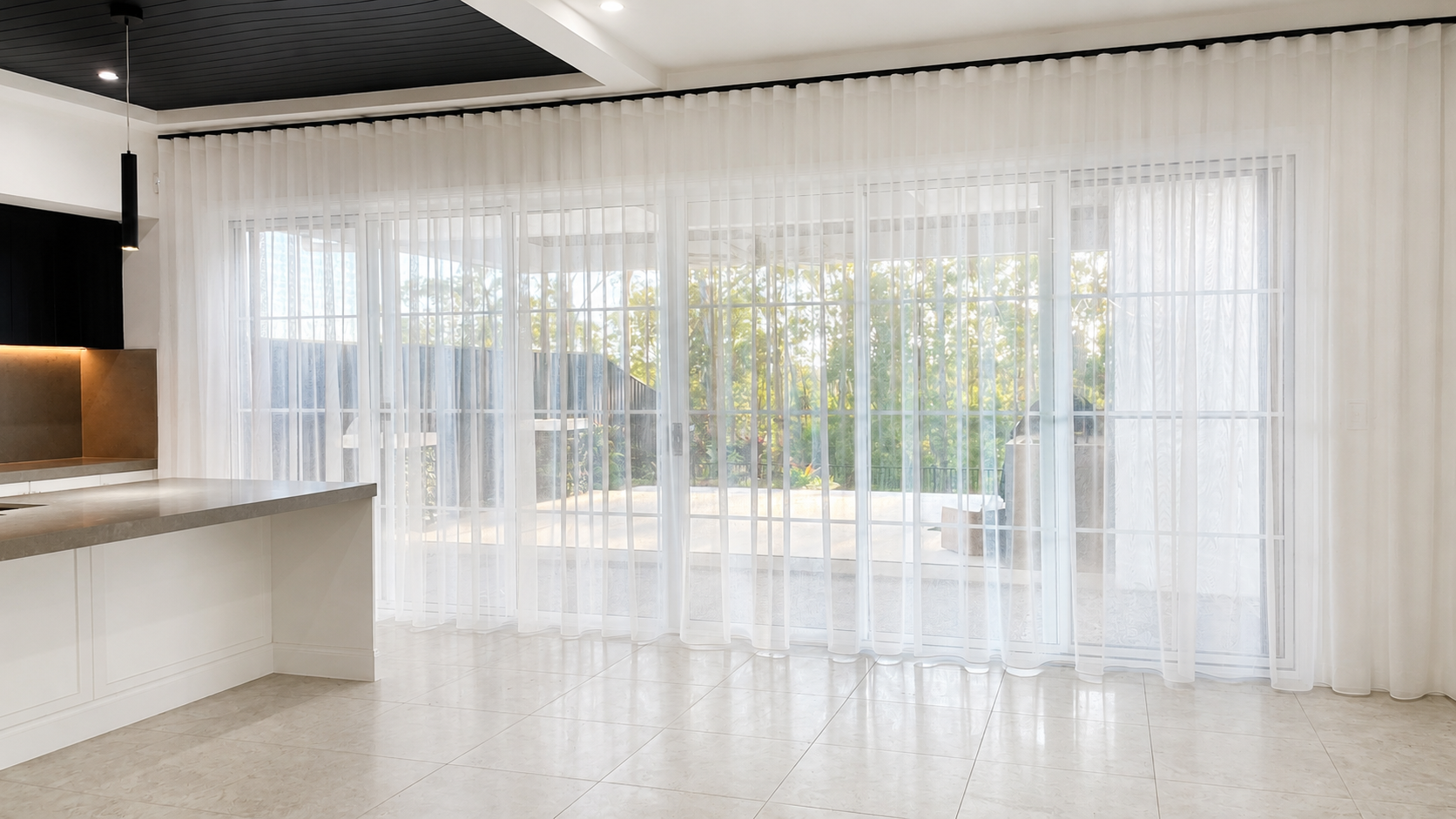 Custom sheer S-fold curtains Brisbane sliding door — Security Screens Qld