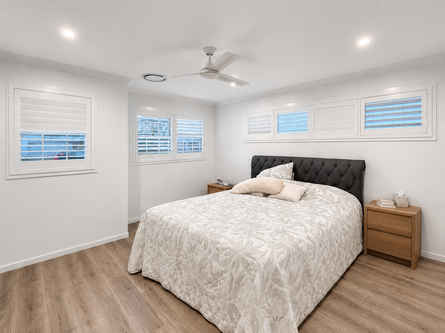 Security Screens Qld - PVC Plantation Shutters - Bedroom Installation